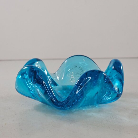 Vintage Blue Art Glass Wavy Edge Ashtray Votive Holder Trinket Dish - Picture 5 of 8